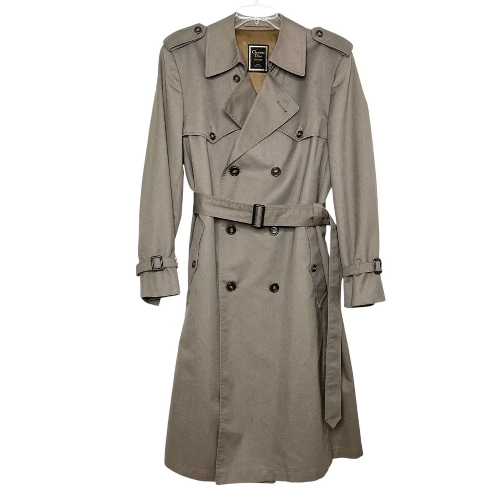 Vintage Christian Dior Men's Mens‎ Trench Coat Jacket Taupe Gray Long Belted 40R